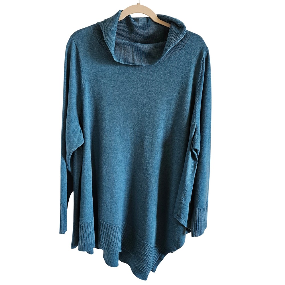 Eileen Fisher Woman 3X Teal Merino Wool Cowl Neck Asymmetrical Hem Sweater